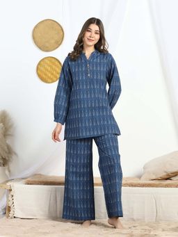 HOUSE OF COMFORT - Navy Blue Printed Mandarin Neck Co-ord Set