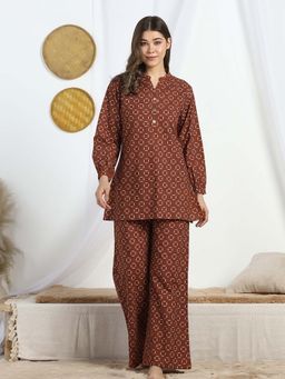 HOUSE OF COMFORT - Brown Printed Mandarin Neck Co-ord Set