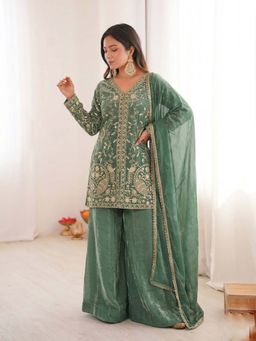 FAST FASHIONS - Green Embellished/Sequined V-Neck Kurti Palazzo With Dupatta