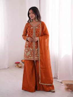 FAST FASHIONS - Orange Embellished/Sequined V-Neck Kurti Palazzo With Dupatta