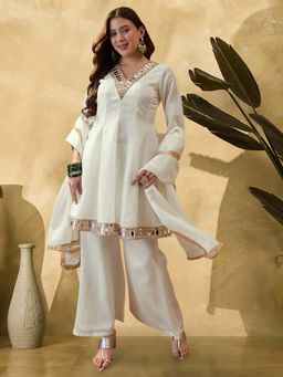 KVS FAB - Off White Embroidered V-Neck Kurti With Palazzo