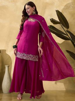 KVS FAB - Pink Embroidered V-Neck Kurti With Palazzo