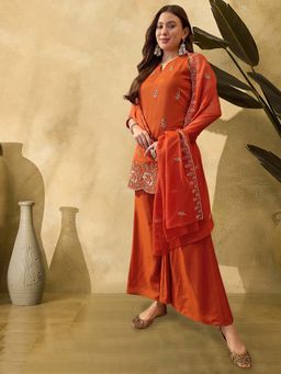 KVS FAB - Orange Embroidered Round Neck Kurti With Palazzo