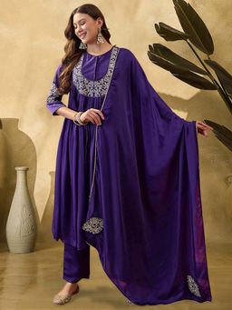 KVS FAB - Purple Embroidered Round Neck Kurti With Pant