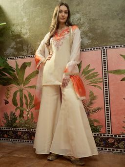 KVS FAB - Beige Embroidered Round Neck Kurti With Palazzo with Dupatta