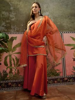 KVS FAB - Orange Solid/Plain Shoulder Straps Kurti With Palazzo