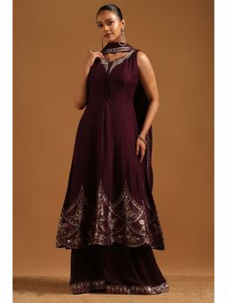 Soch - Wine Embroidered Round Neck Kurta Palazzo With Dupatta