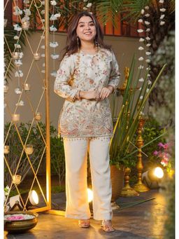 FAST FASHIONS - Cream Embellished/Sequined Round Neck Kurti Pant With Dupatta