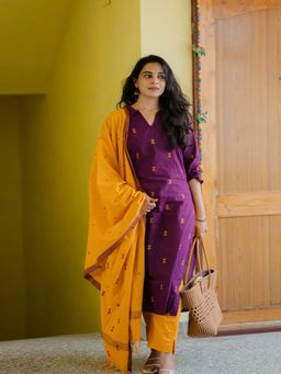 Vastara TheLabel - Wine Self Design Collar Neck Kurta Pant With Dupatta