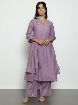 Vbuyz - Lavender Solid/Plain V-Neck Kurta Palazzo With Dupatta