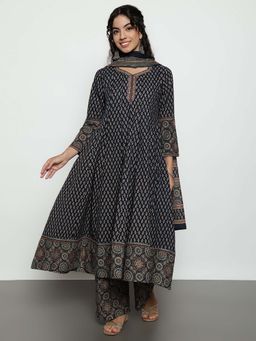 Vbuyz - Navy Blue Printed V-Neck Anarkali Kurta Pant With Dupatta