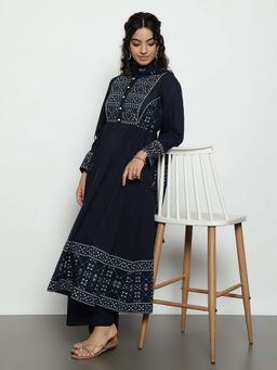 Vbuyz - Navy Blue Printed Mandarin Neck Kurta Pant With Dupatta