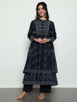 Vbuyz - Navy Blue Printed Mandarin Neck Kurta Pant With Dupatta