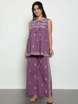 Vbuyz - Purple Printed Tie Up Neck Co-ord Set