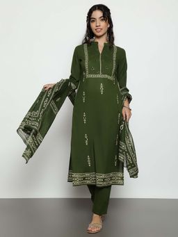 Vbuyz - Green Printed Mandarin Neck Kurta Pant With Dupatta