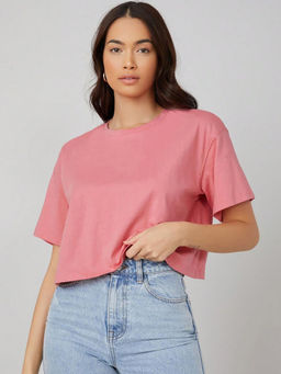 KOTTY - Womens Peach Solid Cotton Blend Oversized Crop T-Shirt