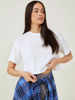 KOTTY - Womens White Solid Cotton Blend Oversized Crop T-Shirt