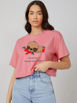 KOTTY - Womens Peach Printed Cotton Blend Oversized Crop T-Shirt