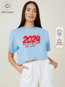 KOTTY - Womens Blue Typography Cotton Blend Oversized Crop T-Shirt