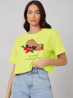 KOTTY - Womens Green Printed Cotton Blend Oversized Crop T-Shirt