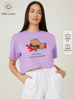 KOTTY - Womens Lavender Printed Cotton Blend Oversized Crop T-Shirt