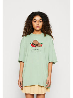 KOTTY - Womens Green Printed Cotton Blend Oversized Long T-Shirt