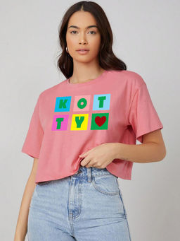 KOTTY - Womens Peach Round Neck Printed Cotton Blend Oversized Crop T-Shirt