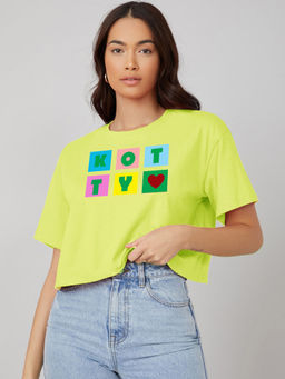 KOTTY - Womens Green Round Neck Printed Cotton Blend Oversized Crop T-Shirt