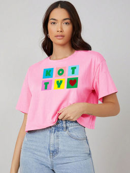 KOTTY - Womens Pink Round Neck Printed Cotton Blend Oversized Crop T-Shirt