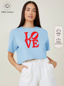 KOTTY - Womens Blue Love Printed Cotton Blend Oversized Crop T-Shirt