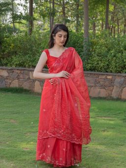 HOUSE OF JAMOTI - Hot Red Mirror Work Saree with Unstitched Blouse