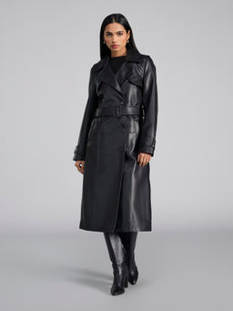 RSVP by Nykaa Fashion - Black Faux Leather Longline Overcoat with Belt