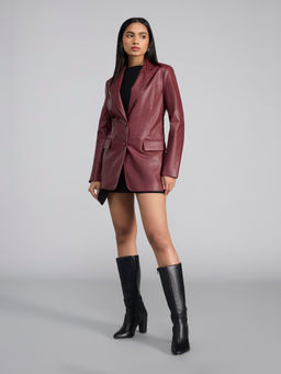 RSVP by Nykaa Fashion - Wine Solid Lapel Collar Hip Length Leather Jacket