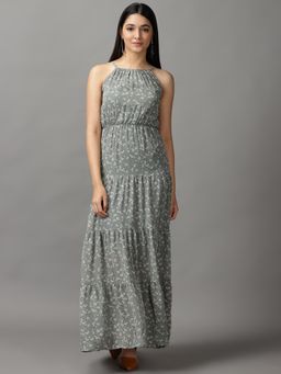 SHOWOFF - Womens Shoulder Straps Maxi Olive Printed Dress