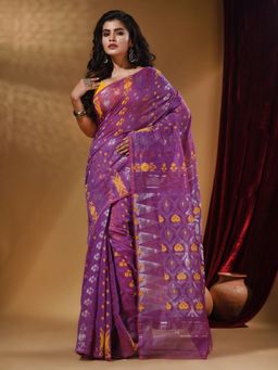 Arhi - Violet Cotton Handwoven jamdhani Saree with Multicolor Designs and Motifs