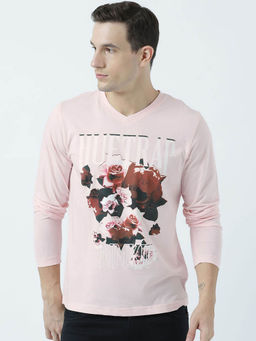 Huetrap - Mens Light Pink Full Sleeves V Neck T-shirt