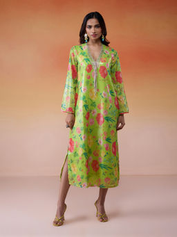 Gajra Gang - Bonjour Baegum Lime Green Sequin Poppy Print Embellished Kurta Dress