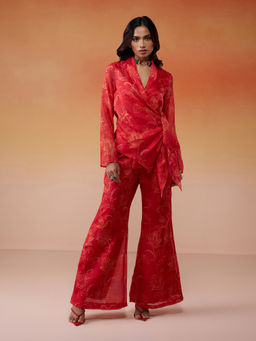 Gajra Gang - Bonjour Baegum Red Organza Printed Wrap Jacket Pant Set