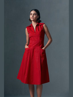 Qua - Red Pure Cotton Solid A-Line Dress