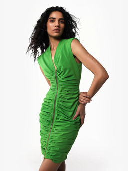 Qua - Green Polyester Pleated Bodycon Dress