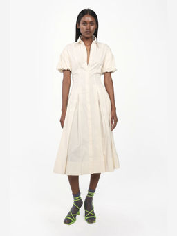 Qua - Beige Cotton Solid A-Line Dress