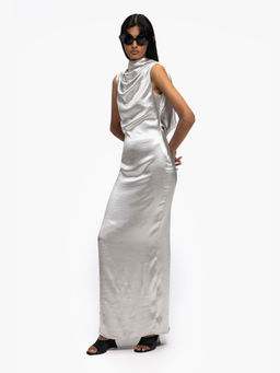 Qua - Silver Polyester Satin Solid Bodycon Dress