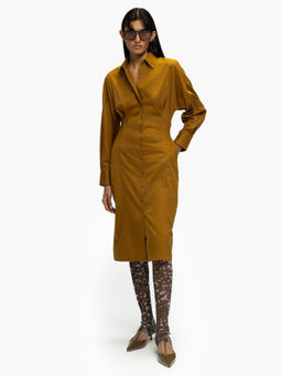 Qua - Brown Cotton Solid Shirt Dress