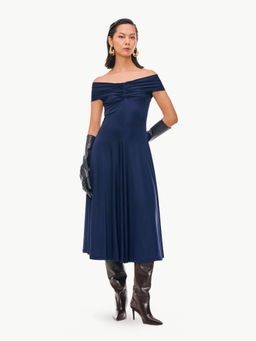 Qua - Navy Blue Polyester Solid A-Line Dress