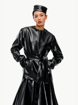 Qua - Black Solid/Plain Round Neck Jacket