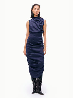 Qua - Navy Blue Polyester Solid Bodycon Dress