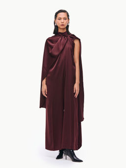 Qua - Burgundy Polyester Satin Plain Asymmetrical Jumpsuit