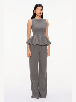Qua - Grey Polyester Plain Round Neck Jumpsuit