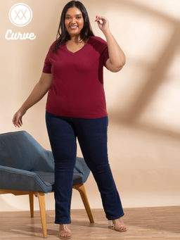Twenty Dresses by Nykaa Fashion - Curve Maroon Solid V Neck Basics T Shirt