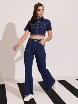 DOLCE CRUDO - Women Navy Blue Bootcut High-Rise Stretchable Denim Co-Ord (Set of 2)